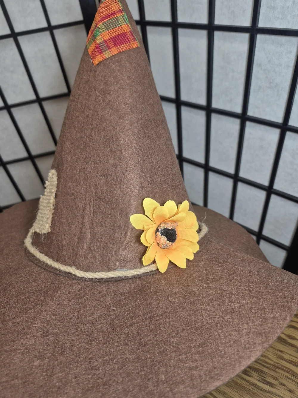 Handmade Brown Felt Witch Hat with Yellow Flower